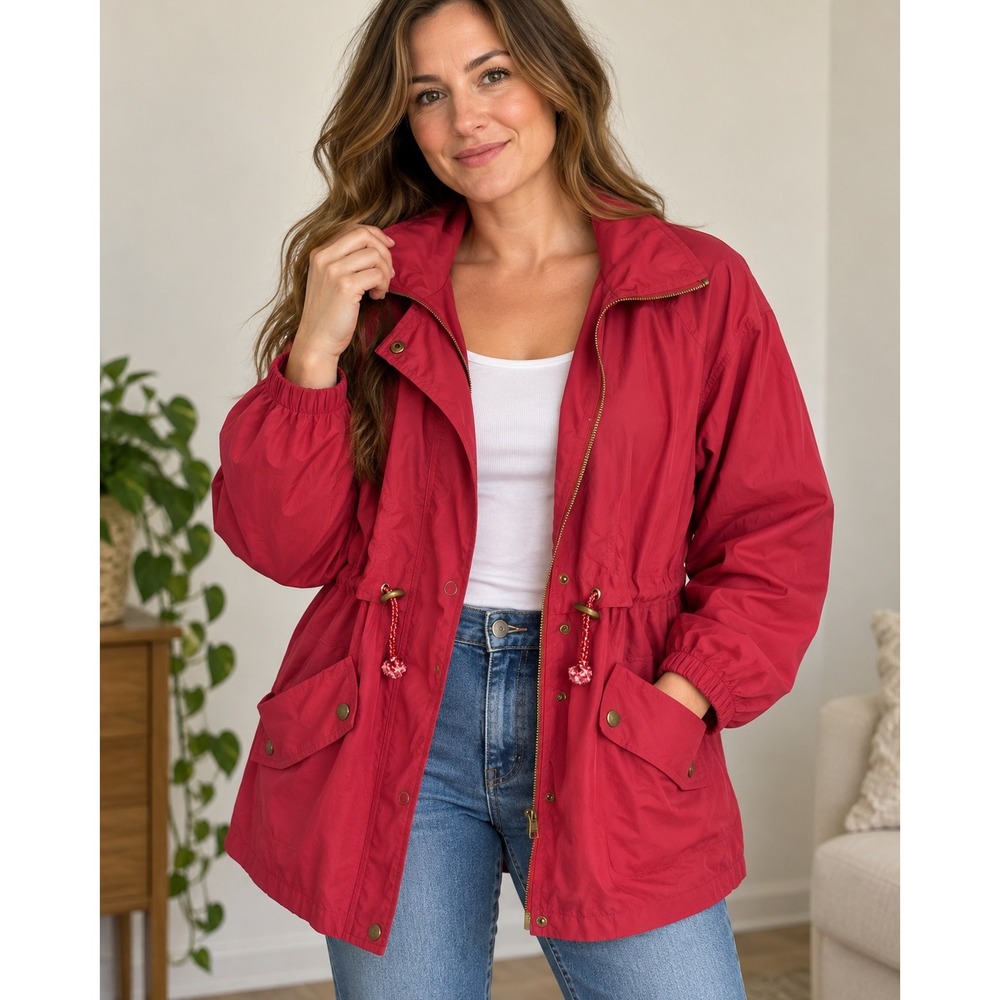 Vintage Aeros Red Utility Coat Large Adjustable Waist Lightweight Parka Jacket